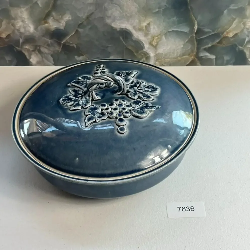 Blue Lidded Pot Casserole Serving Dish Grapes Leaves Handmade & Signed Glazed